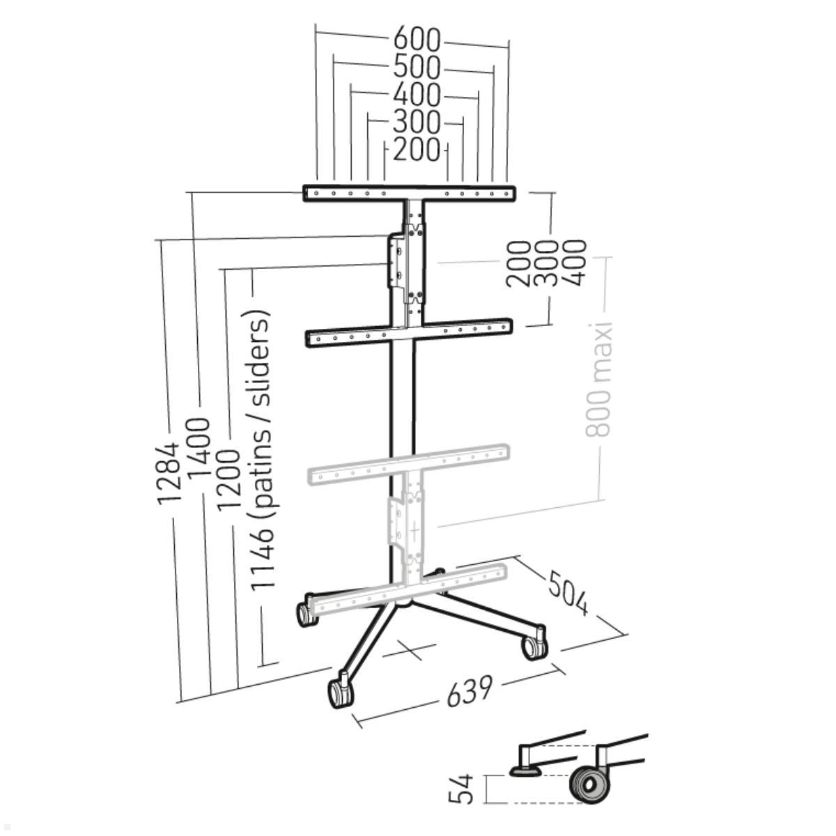 Erard KANA 1400XL mobiler TV Ständer 40-80 Zoll, Eiche hell / schwarz, Abmessungen mit Rollen Erard KANA 1400XL mobiler TV Ständer 40-80 Zoll, Eiche hell / schwarz, Abmessungen mit Rollen